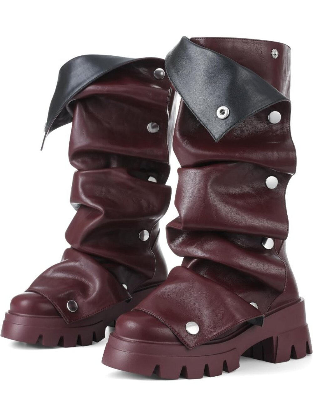 Women's Burgundy Slouchy Fold Over Fashion Chunky Heel Non-Slip Wide Calf Boots